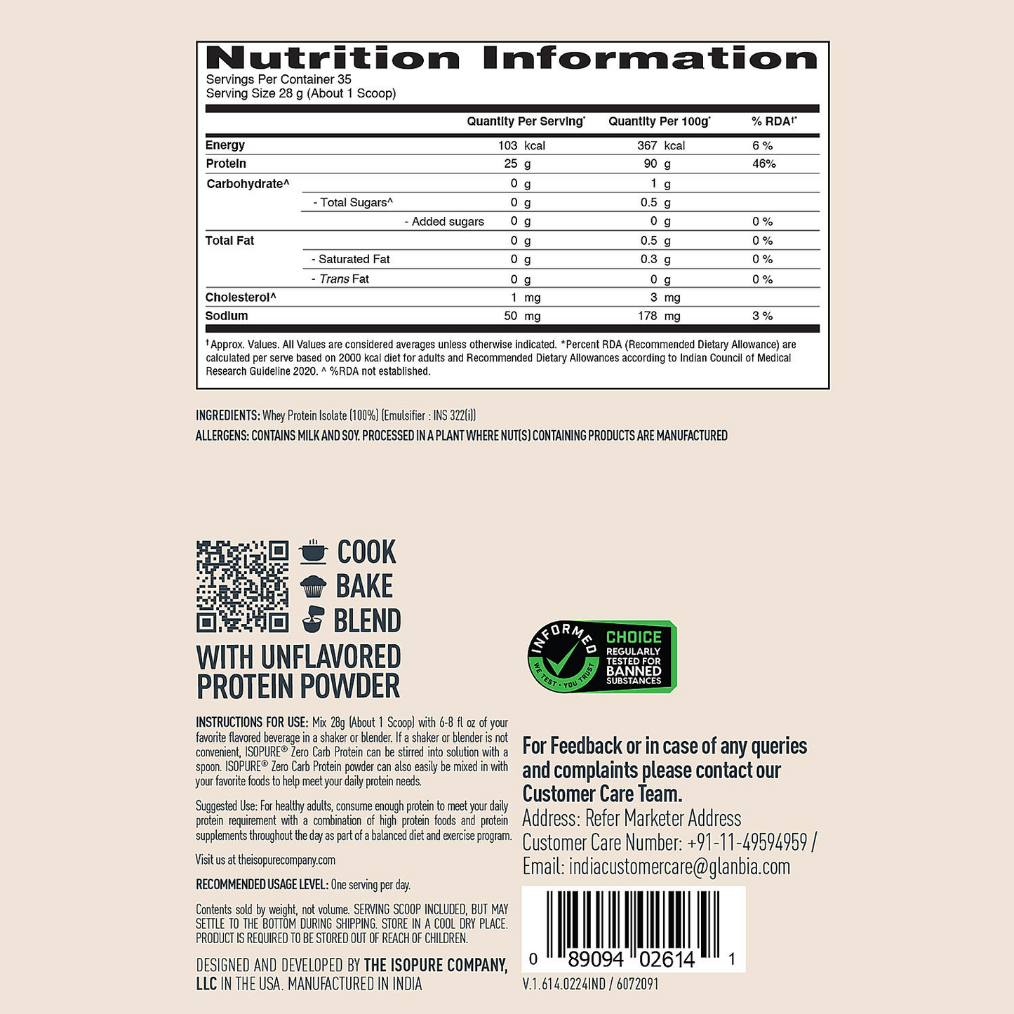 Isopure Zero Carb Protein– 1 kg / 2.2 lbs (Unflavoured)