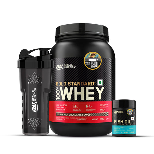 Gold Standard 100% Whey Protein Powder | Double Rich Chocolate | 2 lbs + Fish Oil - 60 Capsules + FREE Festive Shaker