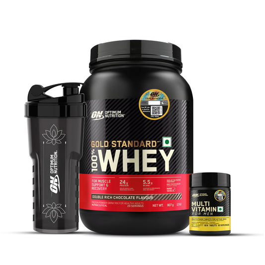 Gold Standard 100% Whey Protein Powder | Double Rich Chocolate | 2 lbs + Multivitamin for MEN- 60 Tablets + FREE Festive Shaker