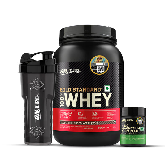 Gold Standard 100% Whey Protein Powder | Double Rich Chocolate | 2 lbs + Zinc Magnesium Aspartate (ZMA) - 60 Capsules + FREE Festive Shaker