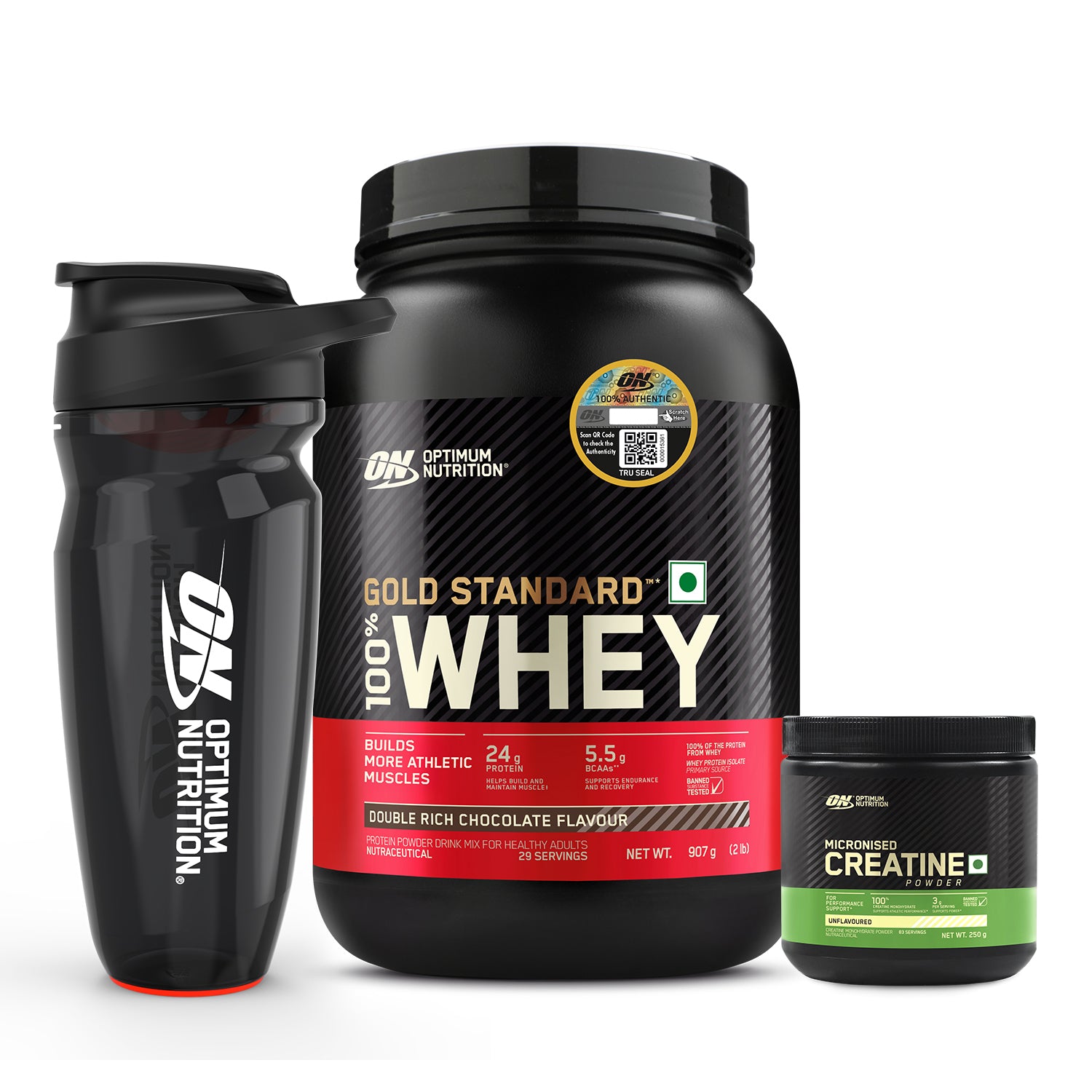 Gold Standard 100% Whey Protein | 907 g (2 lbs) | Double Rich Chocolate + Creatine 250g + Opti-Lock Shaker 600 mL