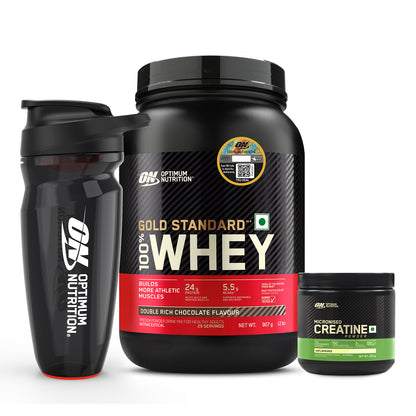 Gold Standard 100% Whey Protein | 907 g (2 lbs) | Double Rich Chocolate + Creatine 250g + Opti-Lock Shaker 600 mL