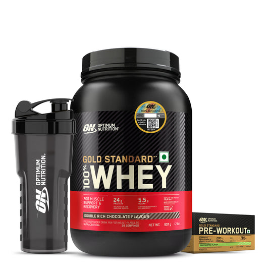 Gold Standard 100% Whey | 2 lbs | Double Rich Chocolate + Optimum Nutrition (ON) Gold Standard Pre-Workout- 142.5g/15 single serve packs (Green Apple Flavor) + FREE Optimum Nutrition Shaker