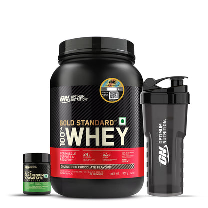 Gold Standard 100% Whey | 2 lbs | Double Rich Chocolate + Zinc Magnesium Aspartate (ZMA) - 60 Capsules + FREE Optimum Nutrition Shaker