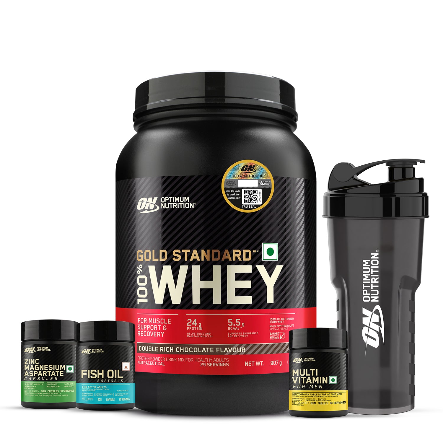 Gold Standard 100% Whey | 2 lbs | Double Rich Chocolate + Multivitamin for MEN- 60 Tablets + Zinc Magnesium Aspartate (ZMA) - 60 Capsules + Fish Oil - 60 Capsules + FREE Optimum Nutrition Shaker