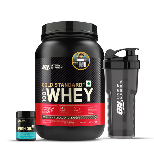 Gold Standard 100% Whey | 2 lbs | Double Rich Chocolate + Fish Oil - 60 Capsules + FREE Optimum Nutrition Shaker