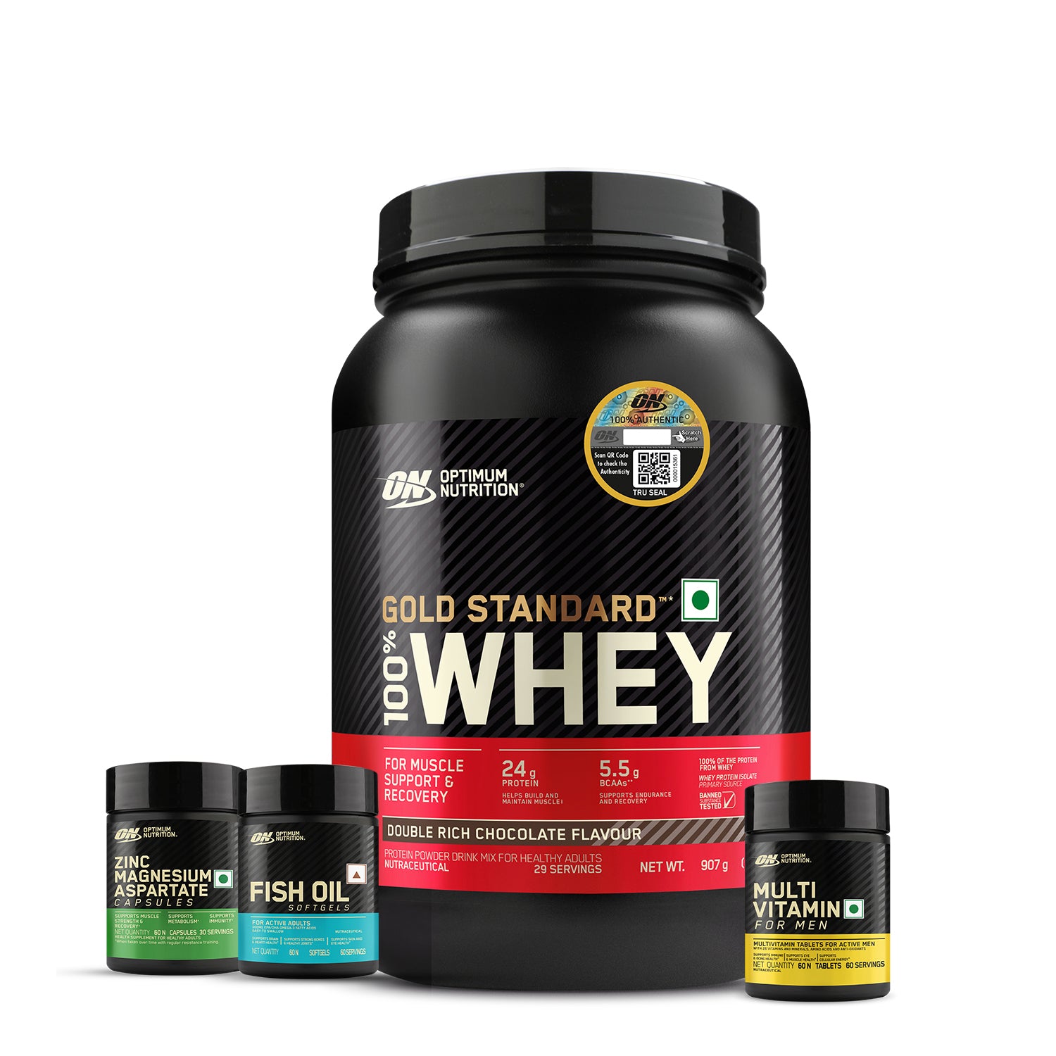 Gold Standard 100% Whey | 2 lbs | Double Rich Chocolate + Multivitamin for MEN- 60 Tablets + Zinc Magnesium Aspartate (ZMA) - 60 Capsules + Fish Oil - 60 Capsules
