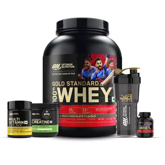 Gold Standard 100% Whey Protein Powder | Double Rich Chocolate | 5 lbs + Micronised Creatine Powder | Unflavoured | 250 g + Multivitamin for MEN-60 Tablets + FREE Shaker + FREE Protein Funnel