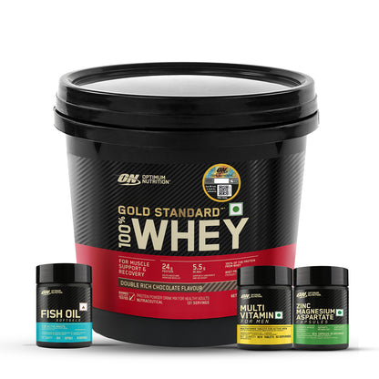 Gold Standard 100% Whey Protein Powder  Double Rich Chocolate 4 kg + Multivitamin for MEN- 60 Tablets + Zinc Magnesium Aspartate (ZMA) - 60 Capsules + Fish Oil - 60 Capsules