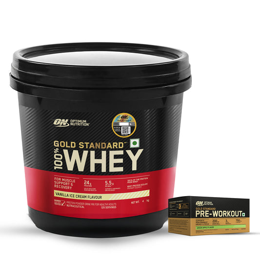Gold Standard 100% Whey Protein Powder  Vanilla Ice Cream 4 kg + Pre Workout Green Apple + FREE Festive Shaker