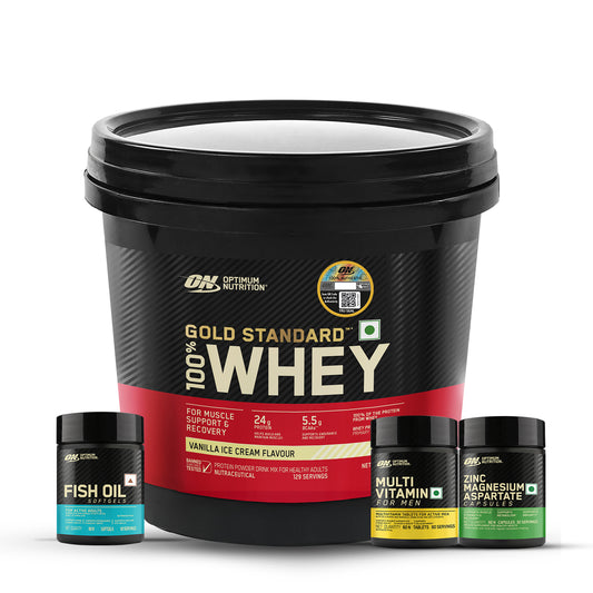 Gold Standard 100% Whey Protein Powder  Vanilla Ice Cream 4 kg + Multivitamin for MEN- 60 Tablets + Zinc Magnesium Aspartate (ZMA) - 60 Capsules + Fish Oil - 60 Capsules + FREE Festive Shaker