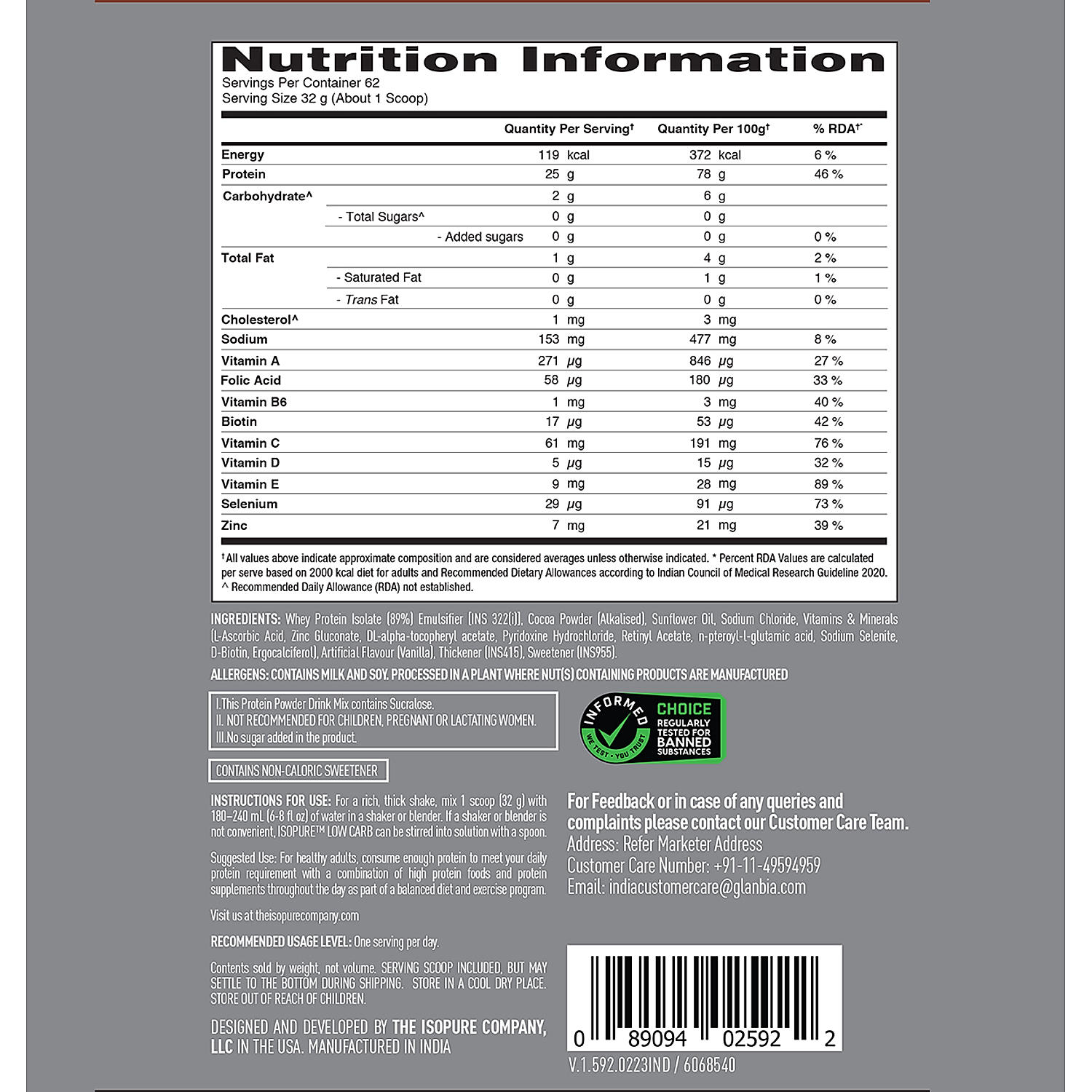 Isopure 2 kg Chocolate + Isopure 100% Creatine Monohydrate Micronized, 250g