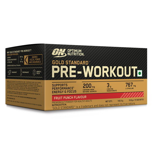 Optimum Nutrition (ON) Gold Standard Pre-Workout- 142.5g/15 single serve packs (Fruit Punch Flavor), For Energy, Focus, Power, Endurance & Performance and Optimum Nutrition Gold Standard Pre-Workout- 142.5g/15 single serve packs (Green Apple Flavor)