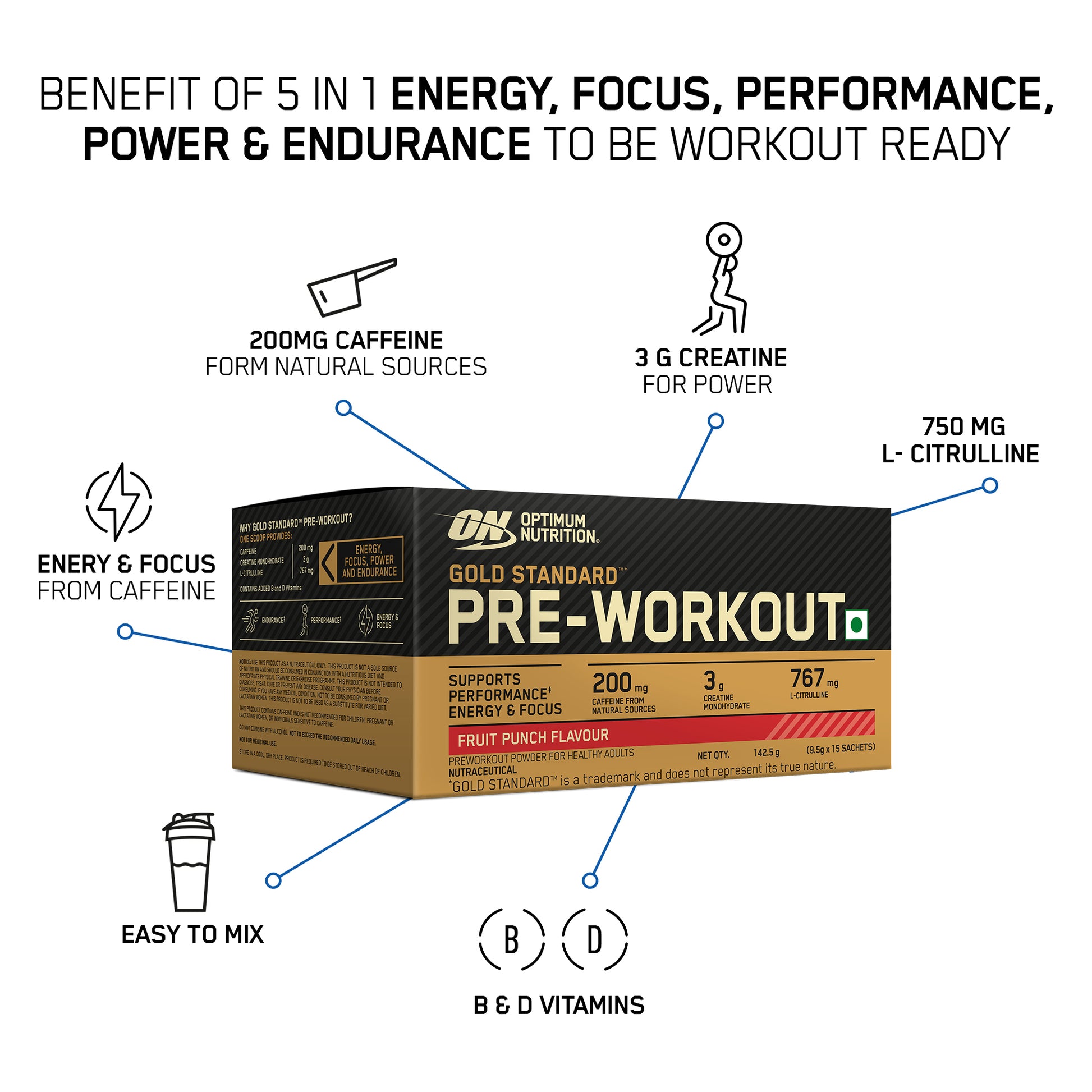 Optimum Nutrition (ON) Gold Standard Pre-Workout- 142.5g/15 single serve packs (Fruit Punch Flavor), For Energy, Focus, Power, Endurance & Performance