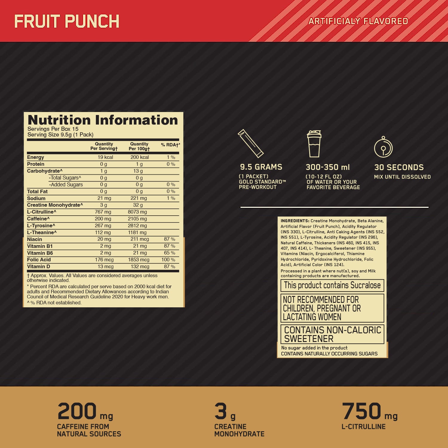 Optimum Nutrition (ON) Gold Standard Pre-Workout- 142.5g/15 single serve packs (Fruit Punch Flavor), For Energy, Focus, Power, Endurance & Performance and Optimum Nutrition Gold Standard Pre-Workout- 142.5g/15 single serve packs (Green Apple Flavor)