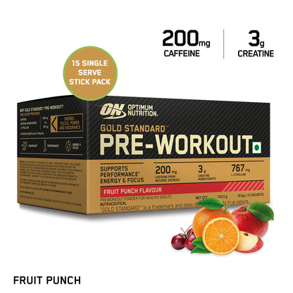 Optimum Nutrition (ON) Gold Standard Pre-Workout- 142.5g/15 single serve packs (Fruit Punch Flavor), For Energy, Focus, Power, Endurance & Performance and Optimum Nutrition Gold Standard Pre-Workout- 142.5g/15 single serve packs (Green Apple Flavor)