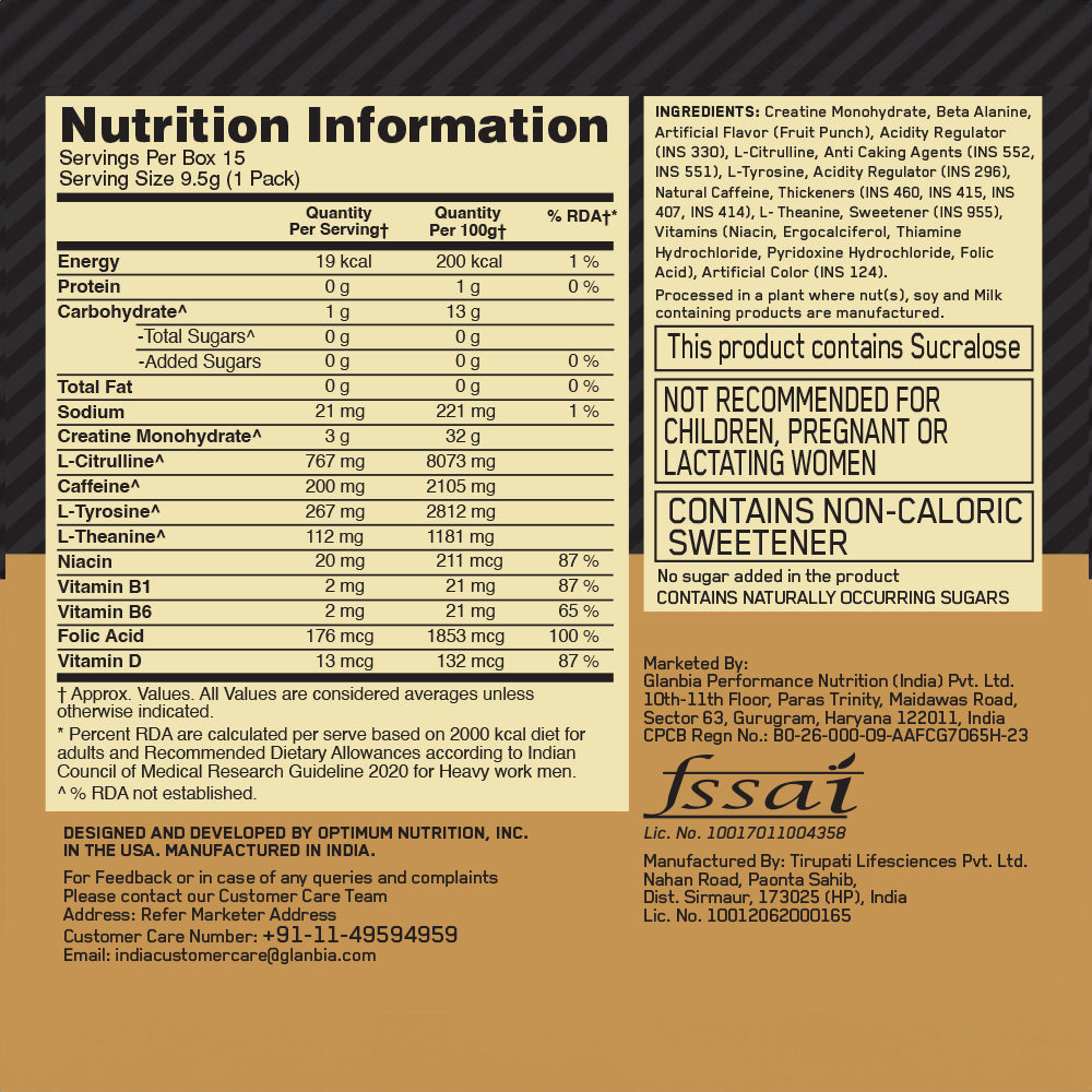 Optimum Nutrition (ON) Gold Standard Pre-Workout- 142.5g/15 single serve packs (Fruit Punch Flavor), For Energy, Focus, Power, Endurance & Performance