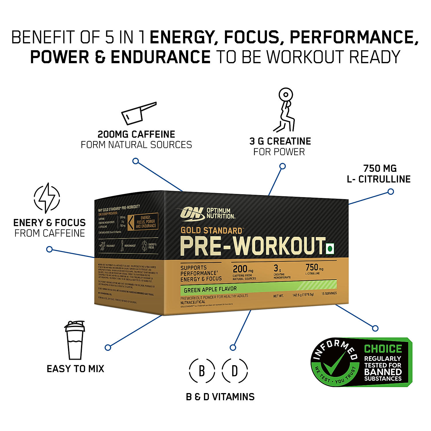 Gold Standard 100% Whey Protein Powder | Double Rich Chocolate | 5 lbs and Optimum Nutrition (ON) Gold Standard Pre-Workout- 142.5g/15 single serve packs (Green Apple Flavor), For Energy, Focus, Power, Endurance & Performance