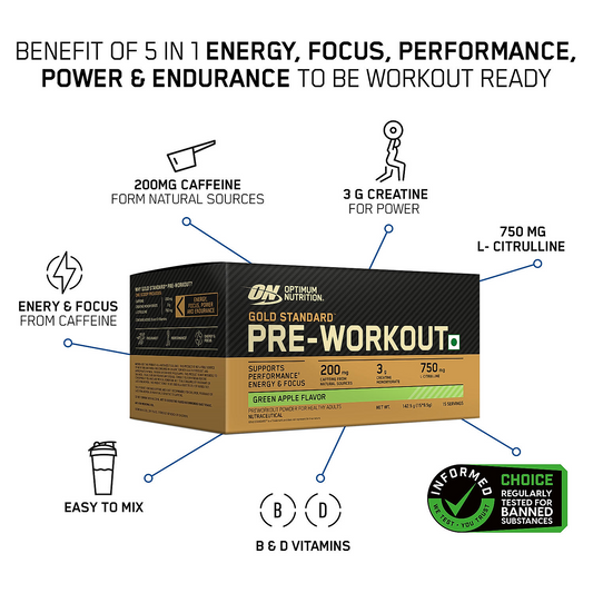 Optimum Nutrition (ON) Gold Standard Pre-Workout- 142.5g/15 single serve packs (Green Apple Flavor), For Energy, Focus, Power, Endurance & Performance Optimum Nutrition (ON) Gold Standard Pre-Workout- 142.5g/15 single serve packs (Green Apple Flavor), For Energy, Focus, Power, Endurance & Performance