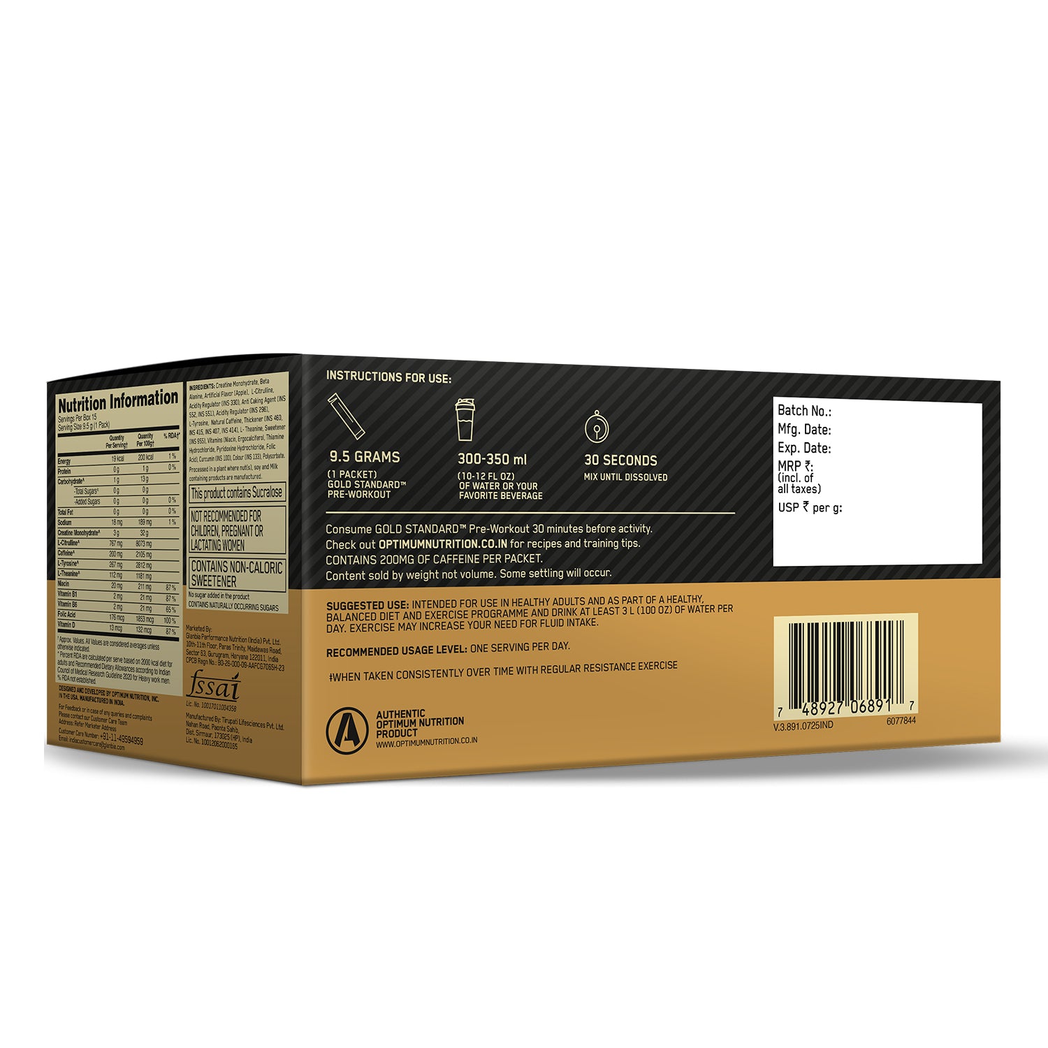 Optimum Nutrition (ON) Gold Standard Pre-Workout- 142.5g/15 single serve packs (Green Apple Flavor), For Energy, Focus, Power, Endurance & Performance