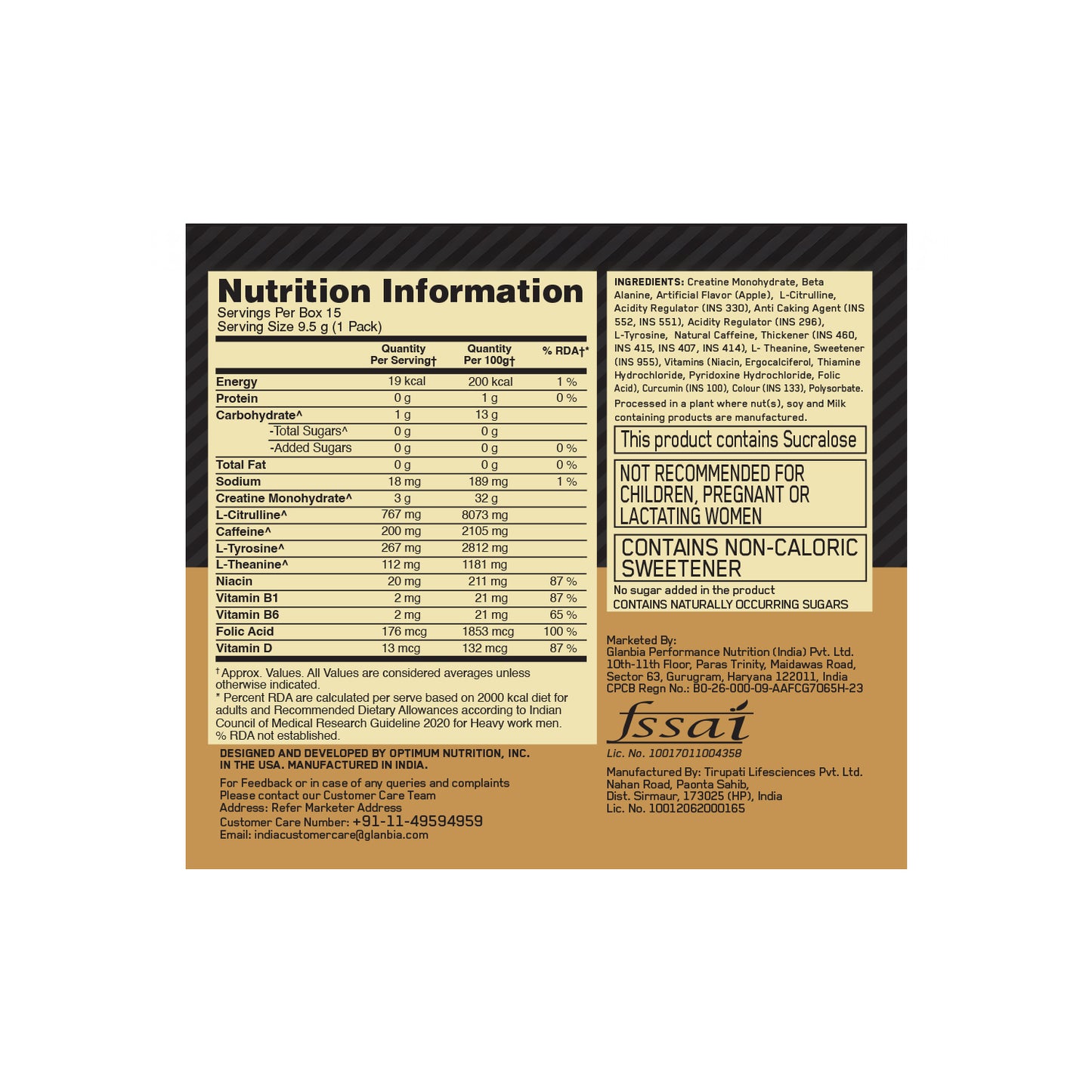 Optimum Nutrition (ON) Gold Standard Pre-Workout- 142.5g/15 single serve packs (Green Apple Flavor), For Energy, Focus, Power, Endurance & Performance