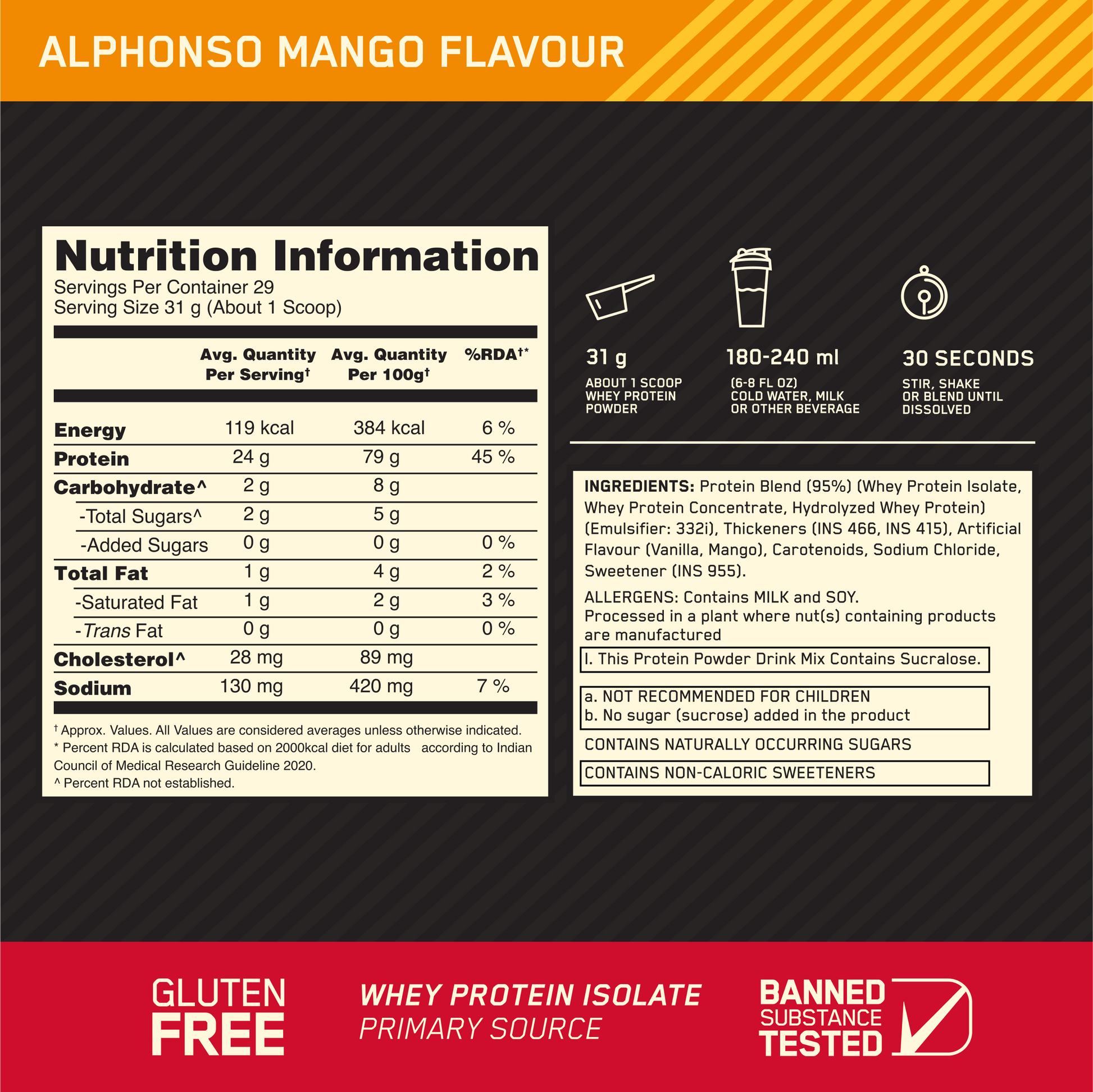 Limited Edition Optimum Nutrition (ON) Gold Standard 100% Whey Protein Powder 2 lb, 907g (Alphonso Mango)