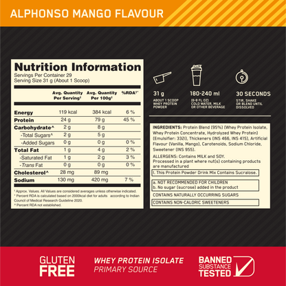 Limited Edition Optimum Nutrition (ON) Gold Standard 100% Whey Protein Powder 2 lb, 907g (Alphonso Mango)