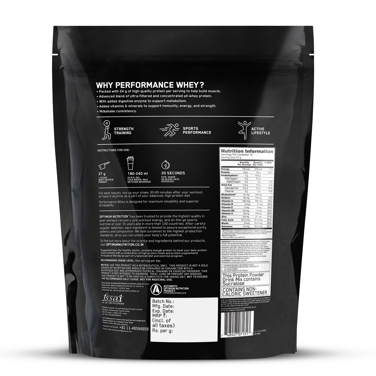 Optimum Nutrition (ON) Performance Whey Protein Powder– 0.5Kg (Chocolate Milkshake)