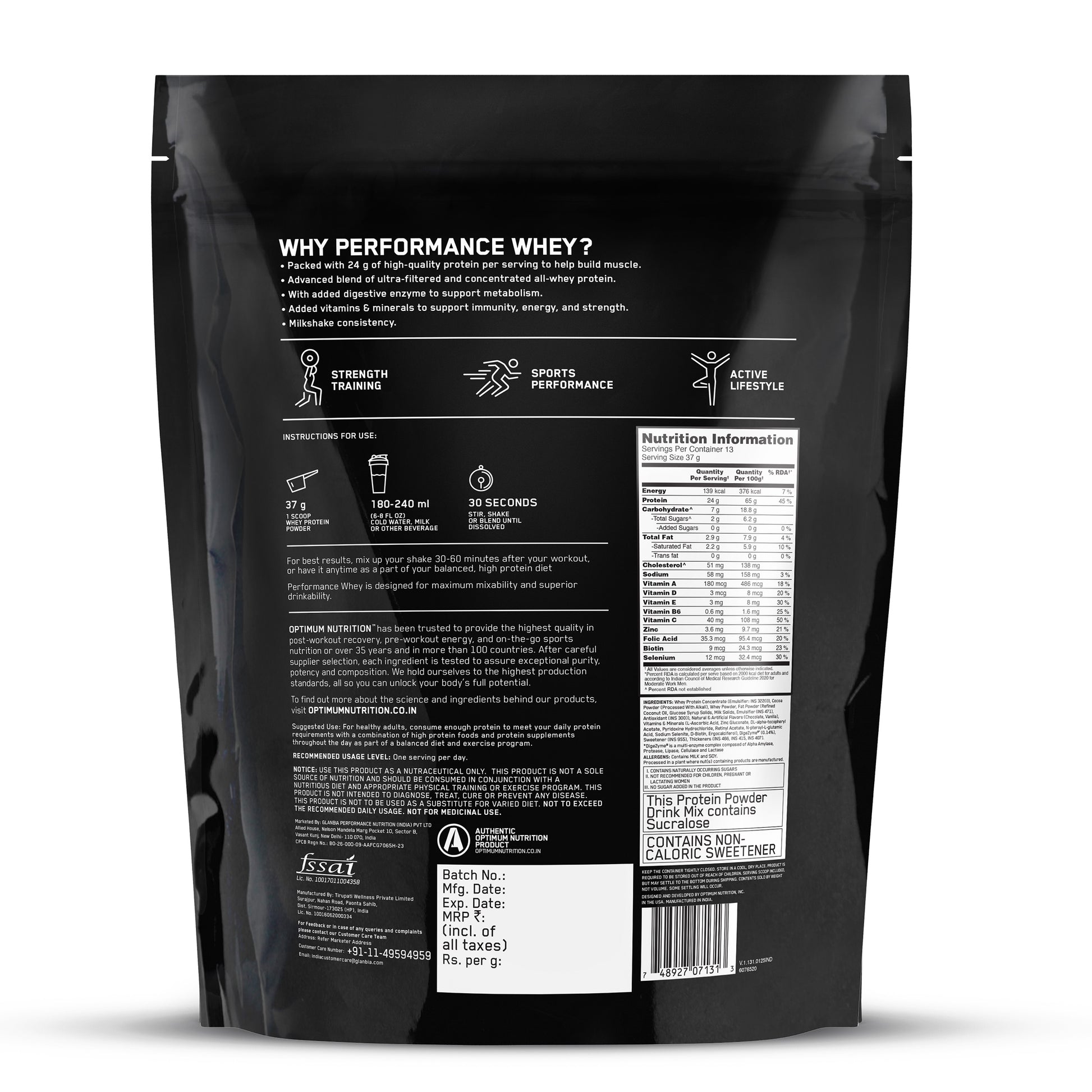 Optimum Nutrition (ON) Performance Whey Protein Powder– 0.5Kg (Chocolate Milkshake)