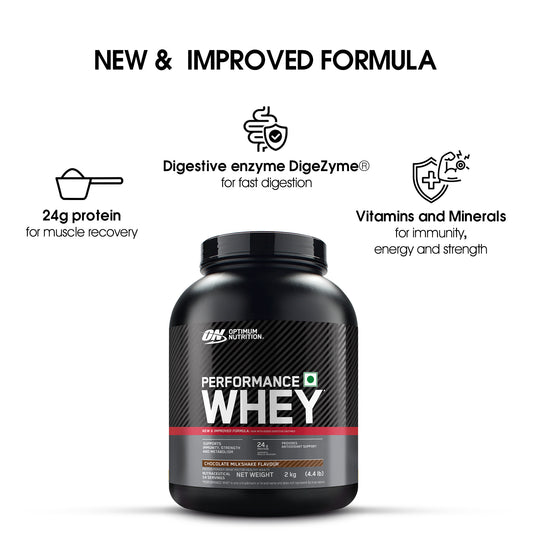 Optimum Nutrition (ON) Performance Whey Protein Powder, 24g Protein,2Kg (Chocolate Milkshake), Ultra-Filtered and Concentrated All-Whey Protein