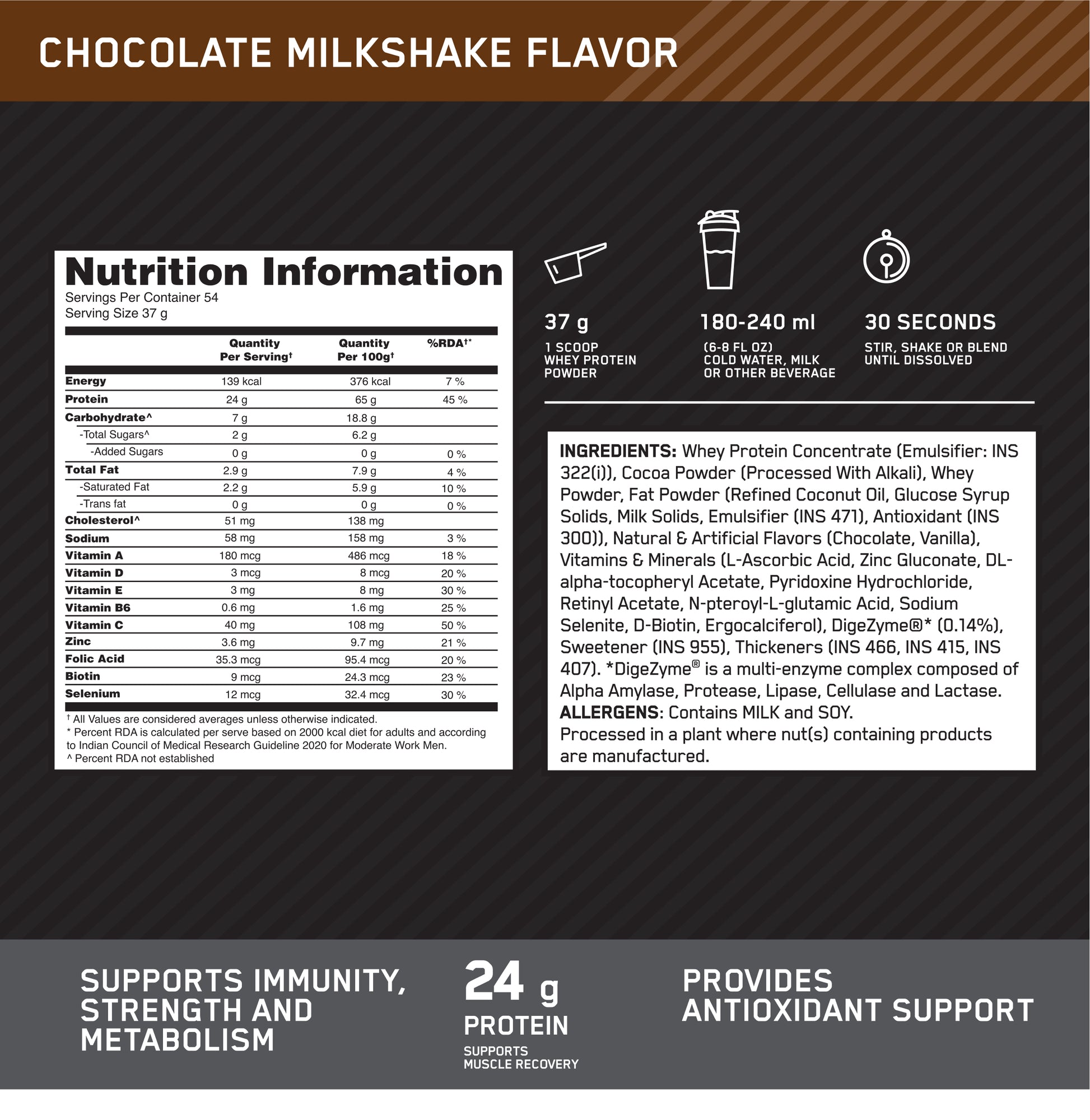 Optimum Nutrition (ON) Performance Whey Protein Powder, 24g Protein,2Kg (Chocolate Milkshake), Ultra-Filtered and Concentrated All-Whey Protein