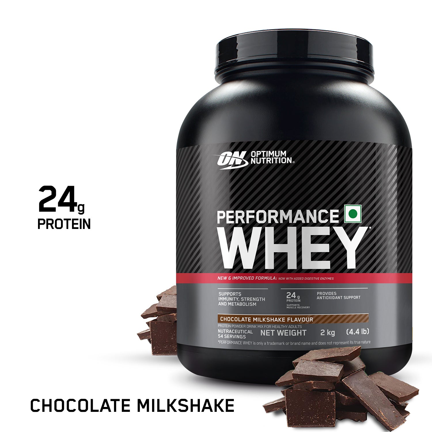 Optimum Nutrition (ON) Performance Whey Protein Powder, 24g Protein,2Kg (Chocolate Milkshake), Ultra-Filtered and Concentrated All-Whey Protein