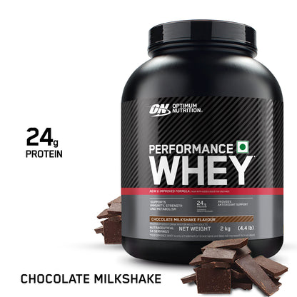 Optimum Nutrition (ON) Performance Whey Protein Powder, 24g Protein,2Kg (Chocolate Milkshake), Ultra-Filtered and Concentrated All-Whey Protein
