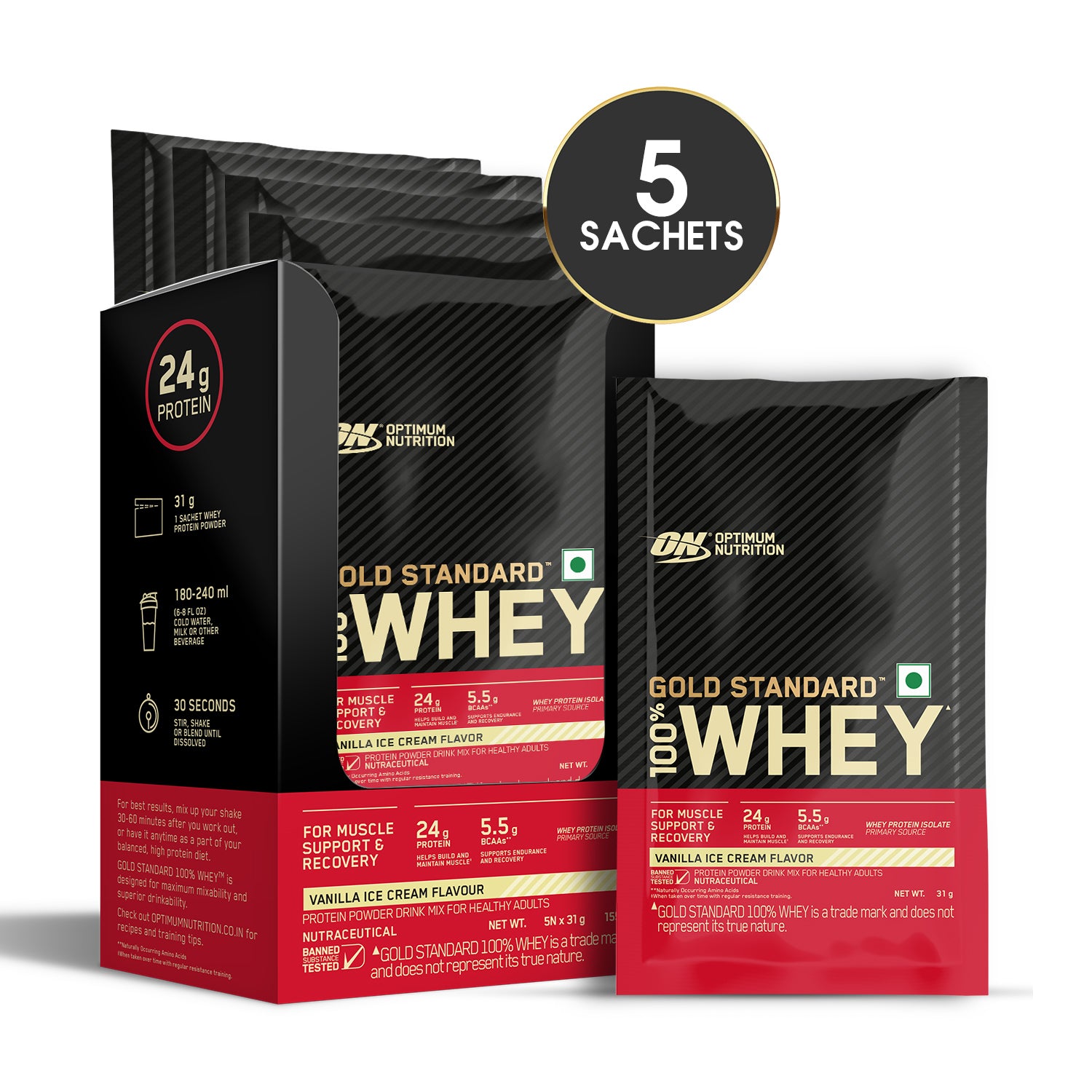 Optimum Nutrition Gold Standard 100% Whey - Vanilla Ice Cream - Pack of 5 single serve sachets