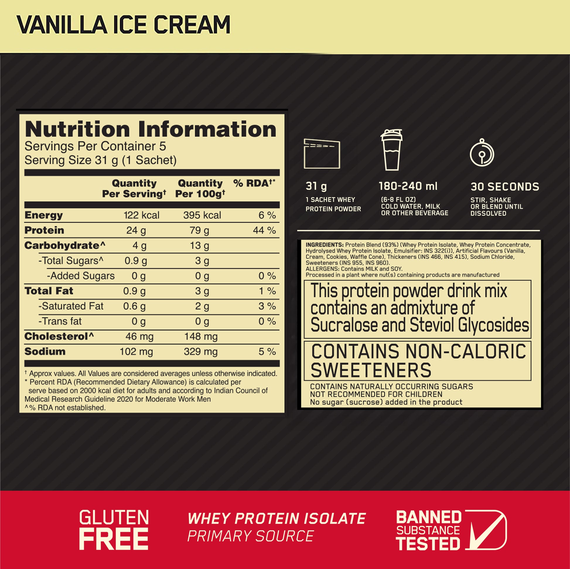 Optimum Nutrition Gold Standard 100% Whey - Vanilla Ice Cream - Pack of 5 single serve sachets