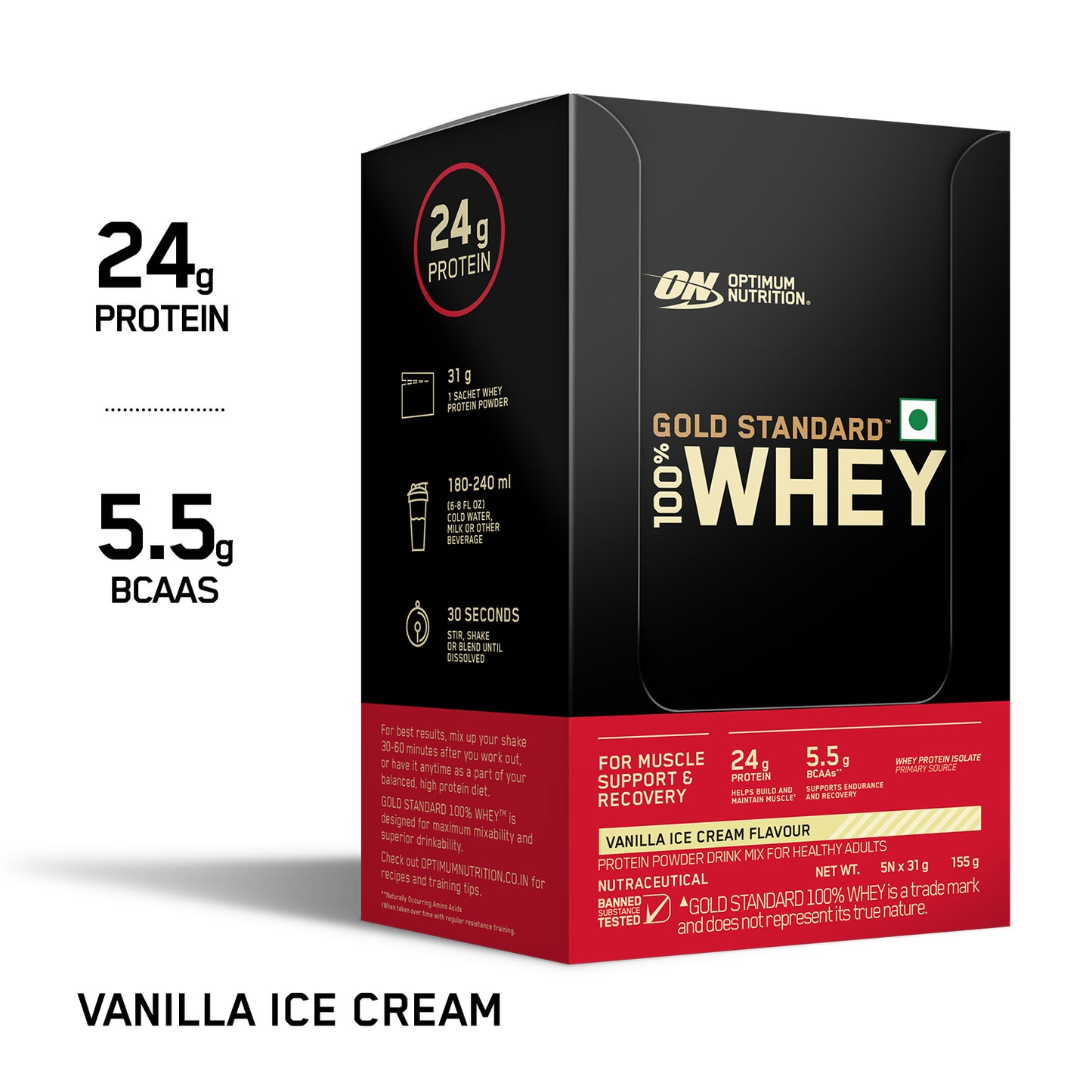 Optimum Nutrition Gold Standard 100% Whey - Vanilla Ice Cream - Pack of 5 single serve sachets