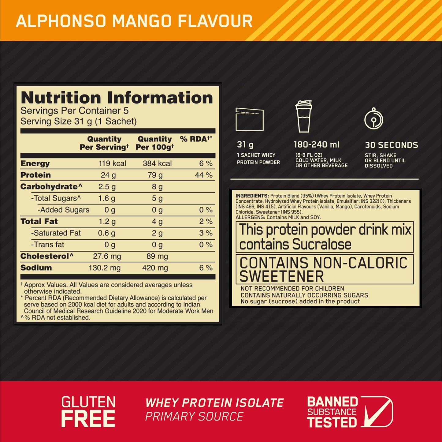 Optimum Nutrition Gold Standard 100% Whey - Alphonso Mango - Pack of 5 single serve sachets