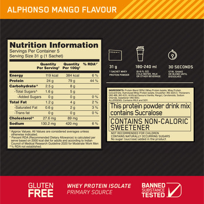 Optimum Nutrition Gold Standard 100% Whey - Alphonso Mango - Pack of 5 single serve sachets