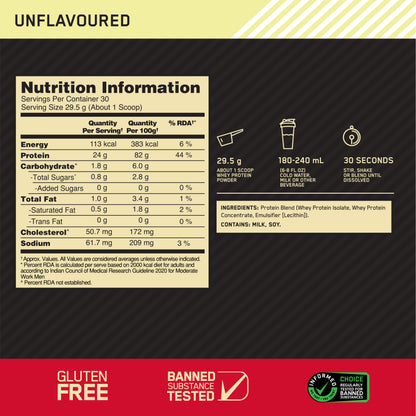 Unflavoured Optimum Nutrition (ON) Gold Standard 100% Whey Protein Powder - 2 lb, 907 g