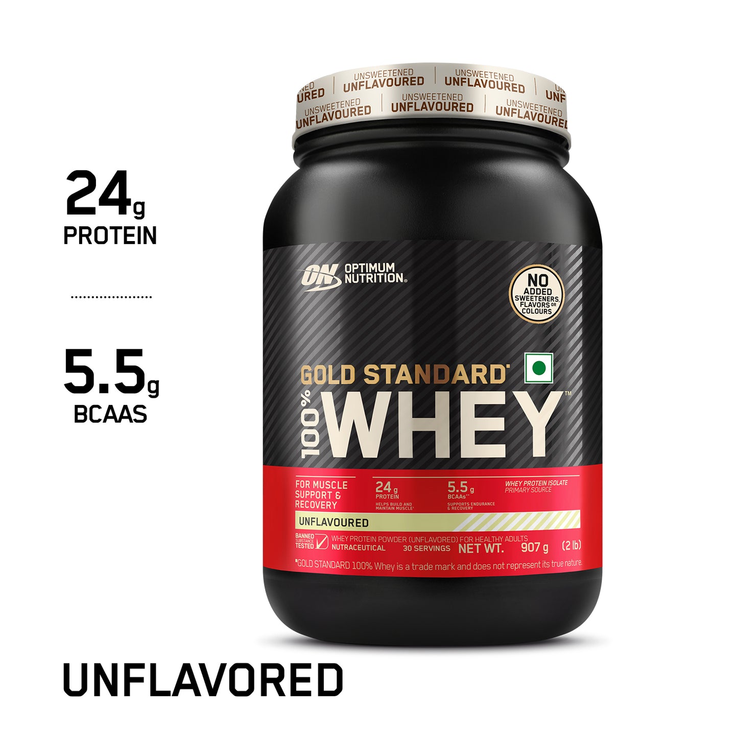 Unflavoured Optimum Nutrition (ON) Gold Standard 100% Whey Protein Powder - 2 lb, 907 g