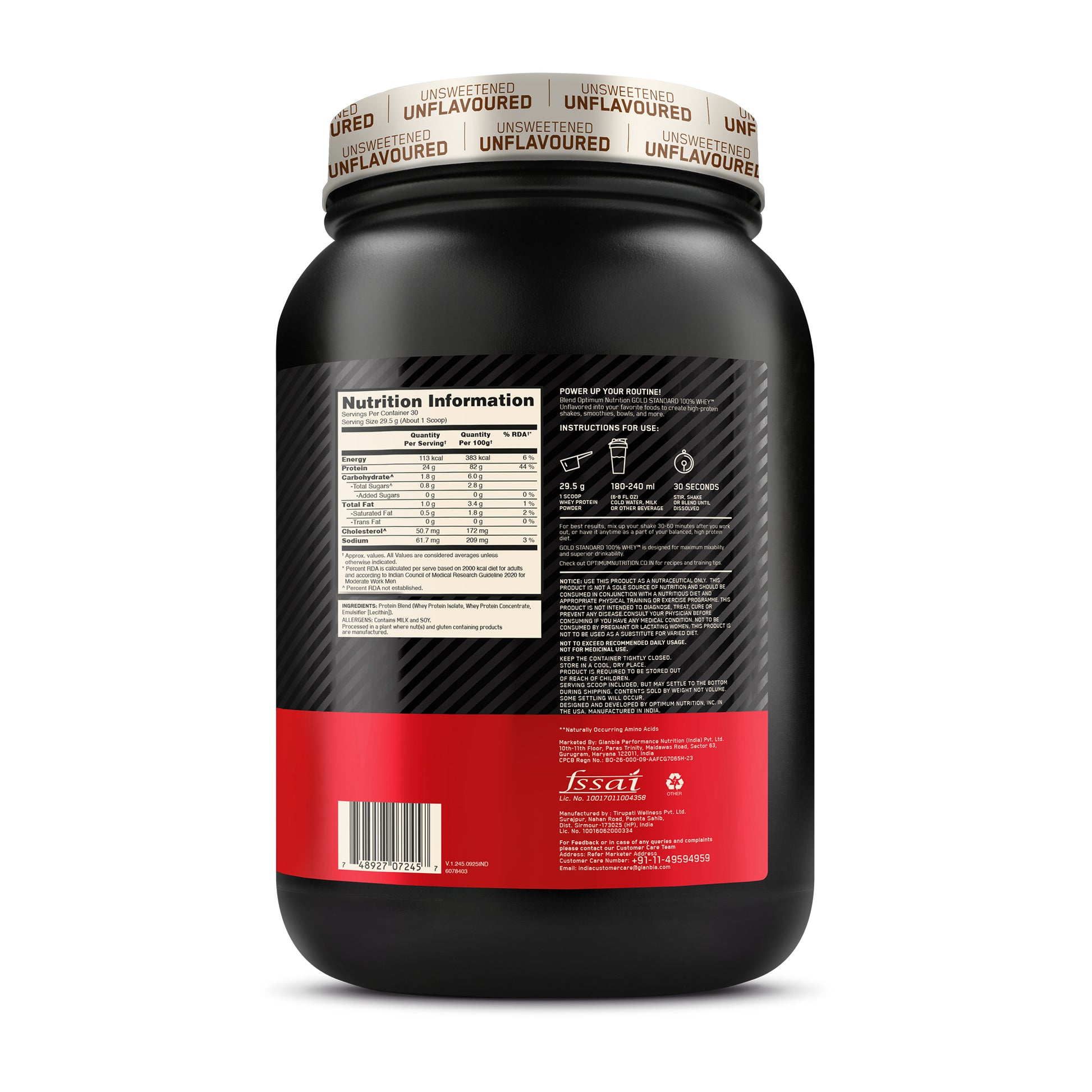 Unflavoured Optimum Nutrition (ON) Gold Standard 100% Whey Protein Powder - 2 lb, 907 g