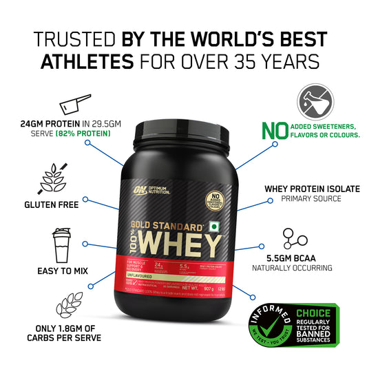Unflavored Optimum Nutrition (ON) Gold Standard 100% Whey Protein Powder - 2 lb, 907 g