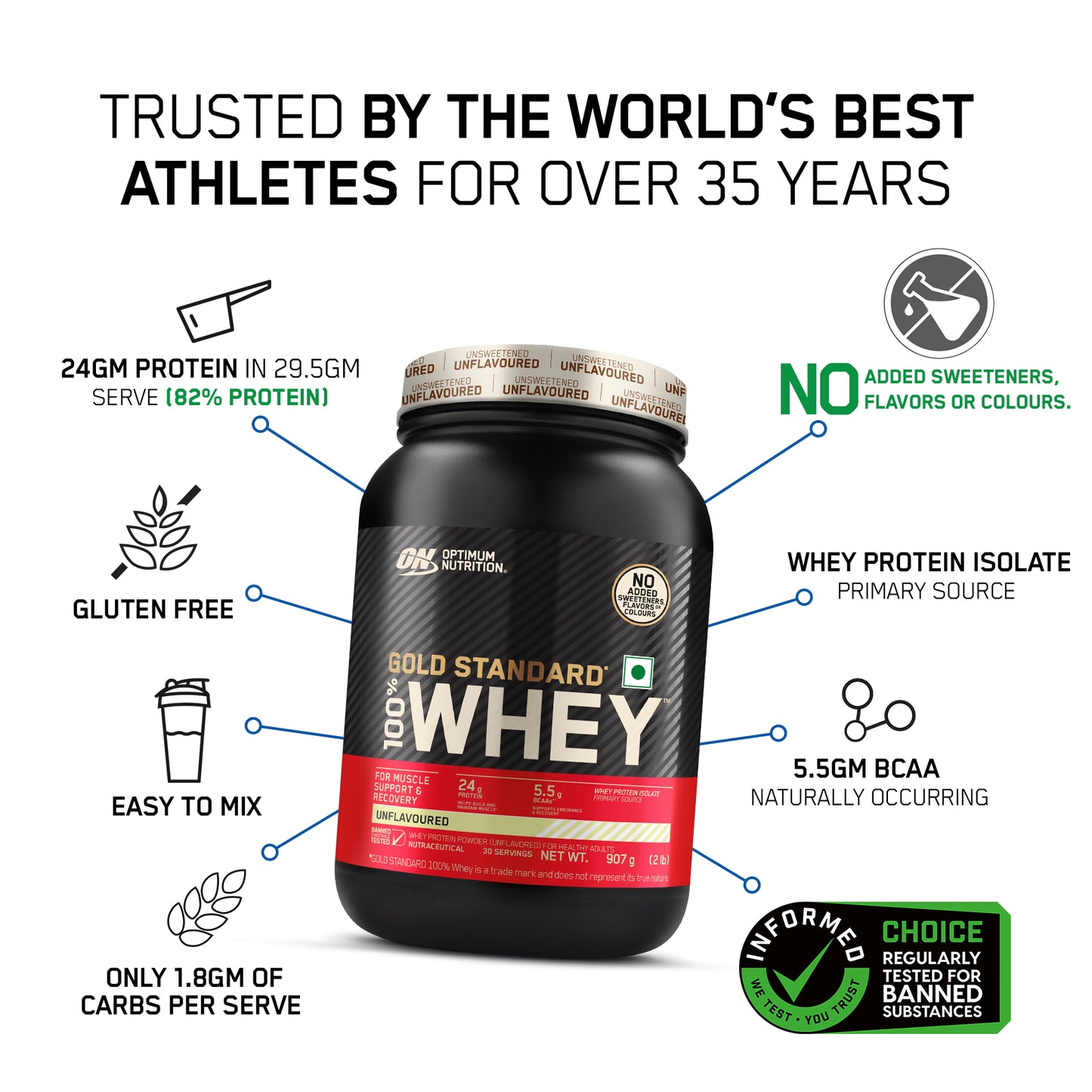 Unflavoured Optimum Nutrition (ON) Gold Standard 100% Whey Protein Powder - 2 lb, 907 g