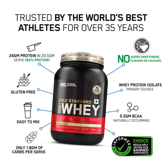 Unflavoured Optimum Nutrition (ON) Gold Standard 100% Whey Protein Powder - 2 lb, 907 g