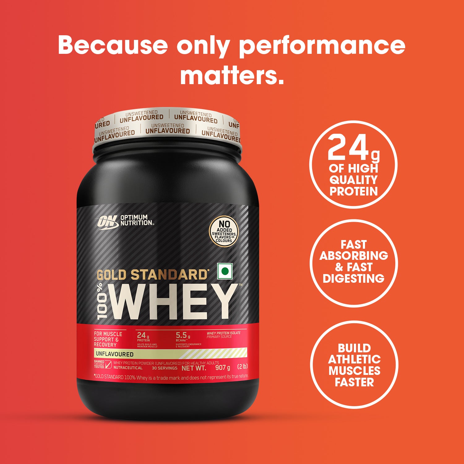 Unflavoured Optimum Nutrition (ON) Gold Standard 100% Whey Protein Powder - 2 lb, 907 g