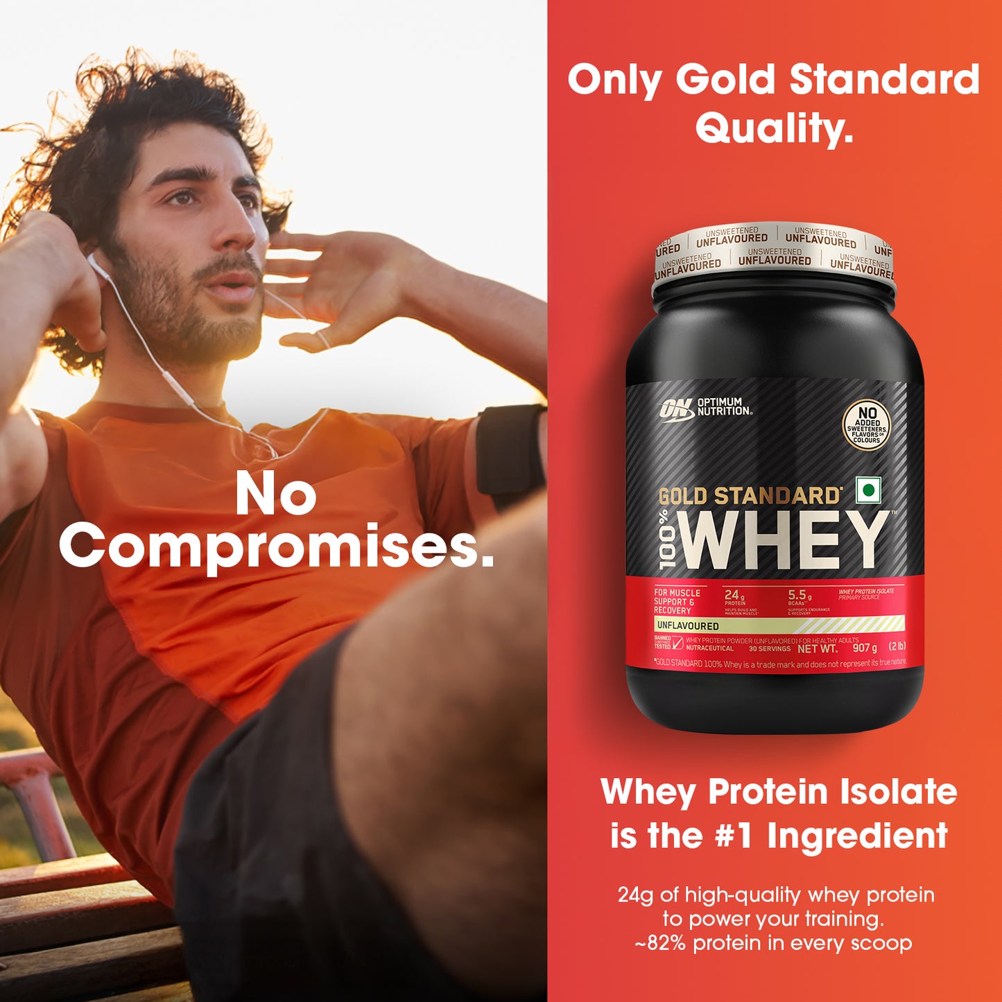 Unflavoured Optimum Nutrition (ON) Gold Standard 100% Whey Protein Powder - 2 lb, 907 g