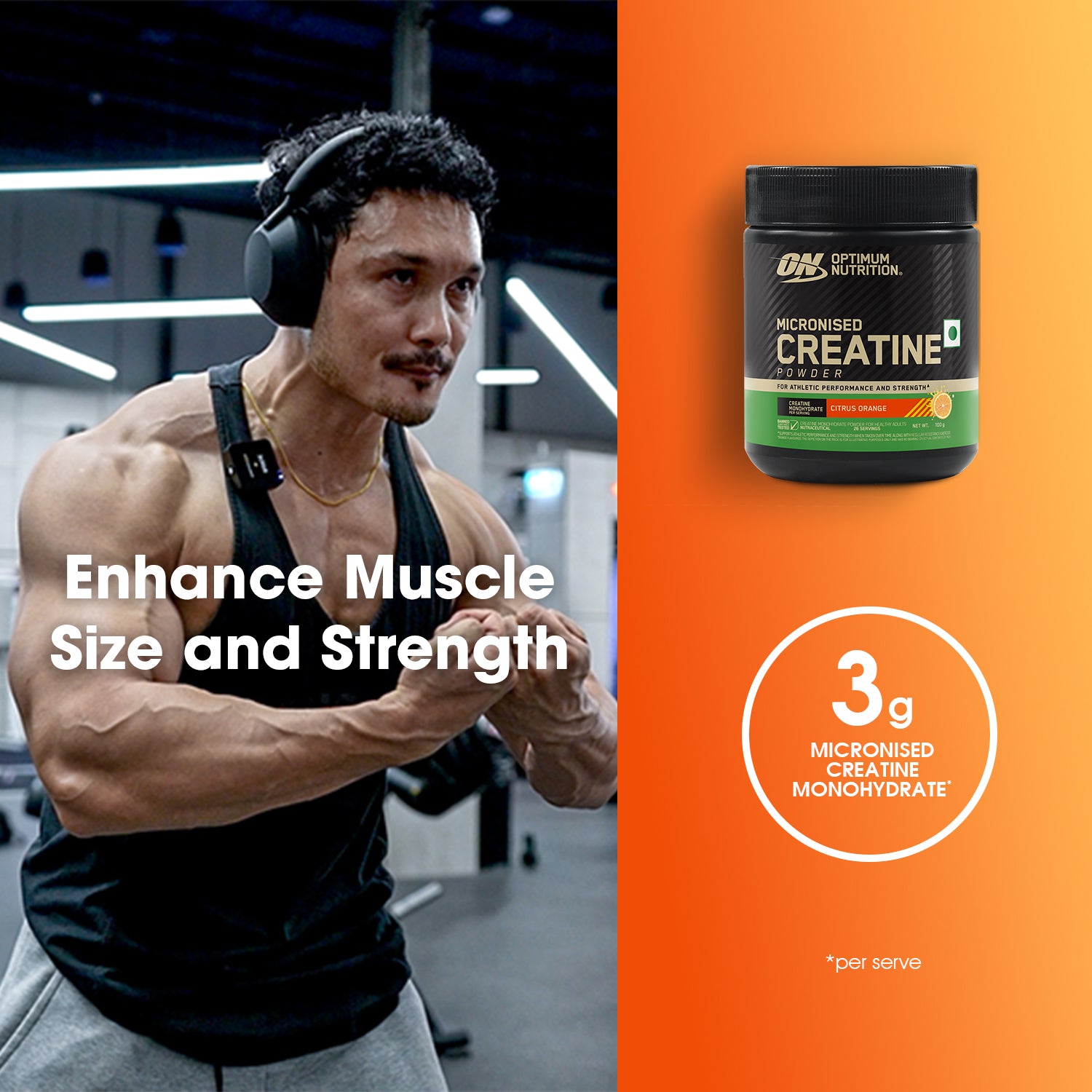 Optimum Nutrition (ON) Micronized Creatine Powder | Citrus Orange | 100 g + Micronized Creatine Powder | Unflavoured| 100 g