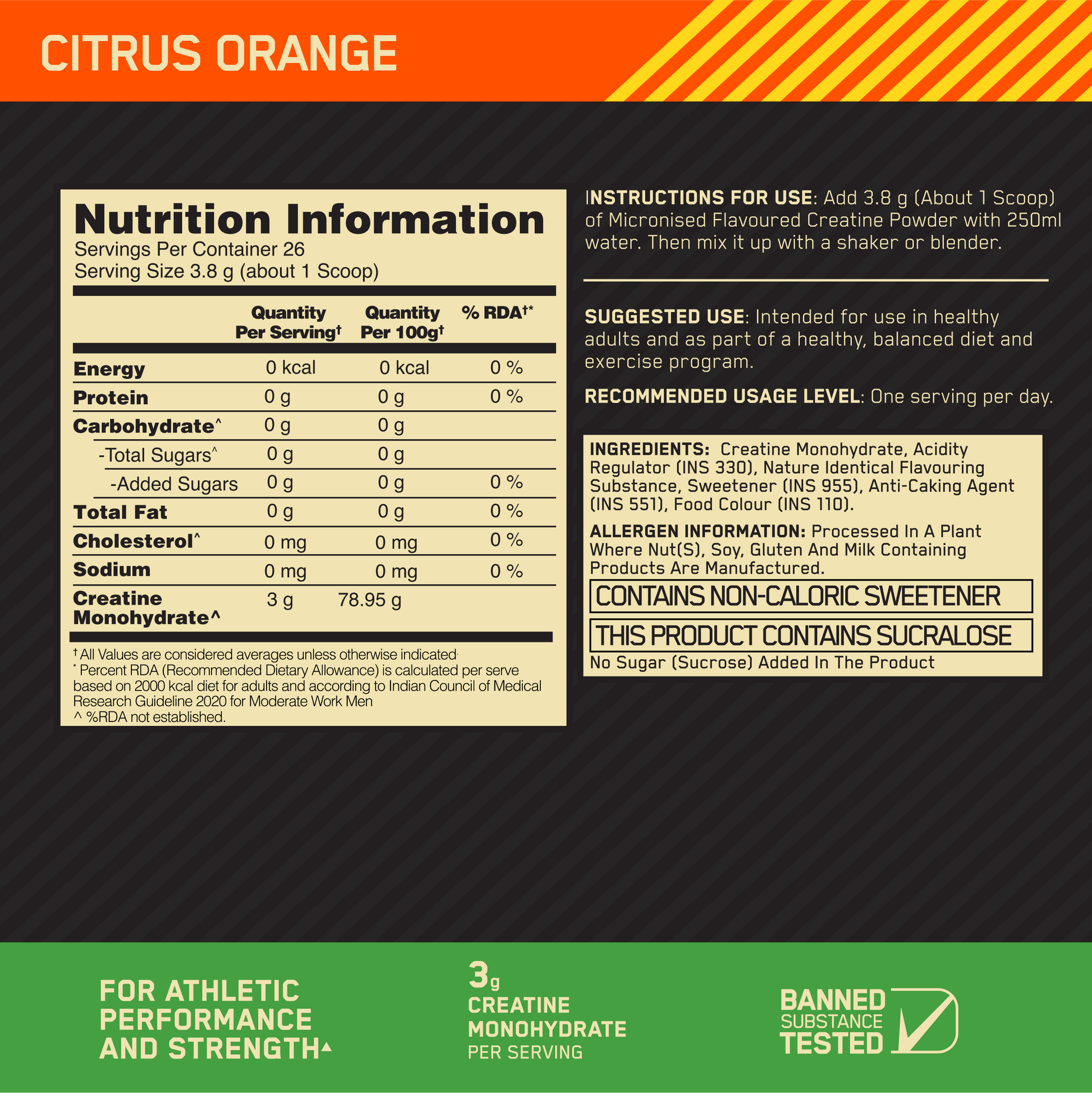 Optimum Nutrition (ON) Micronized Creatine Powder | Citrus Orange | 100 g + Micronized Creatine Powder | Unflavoured| 100 g