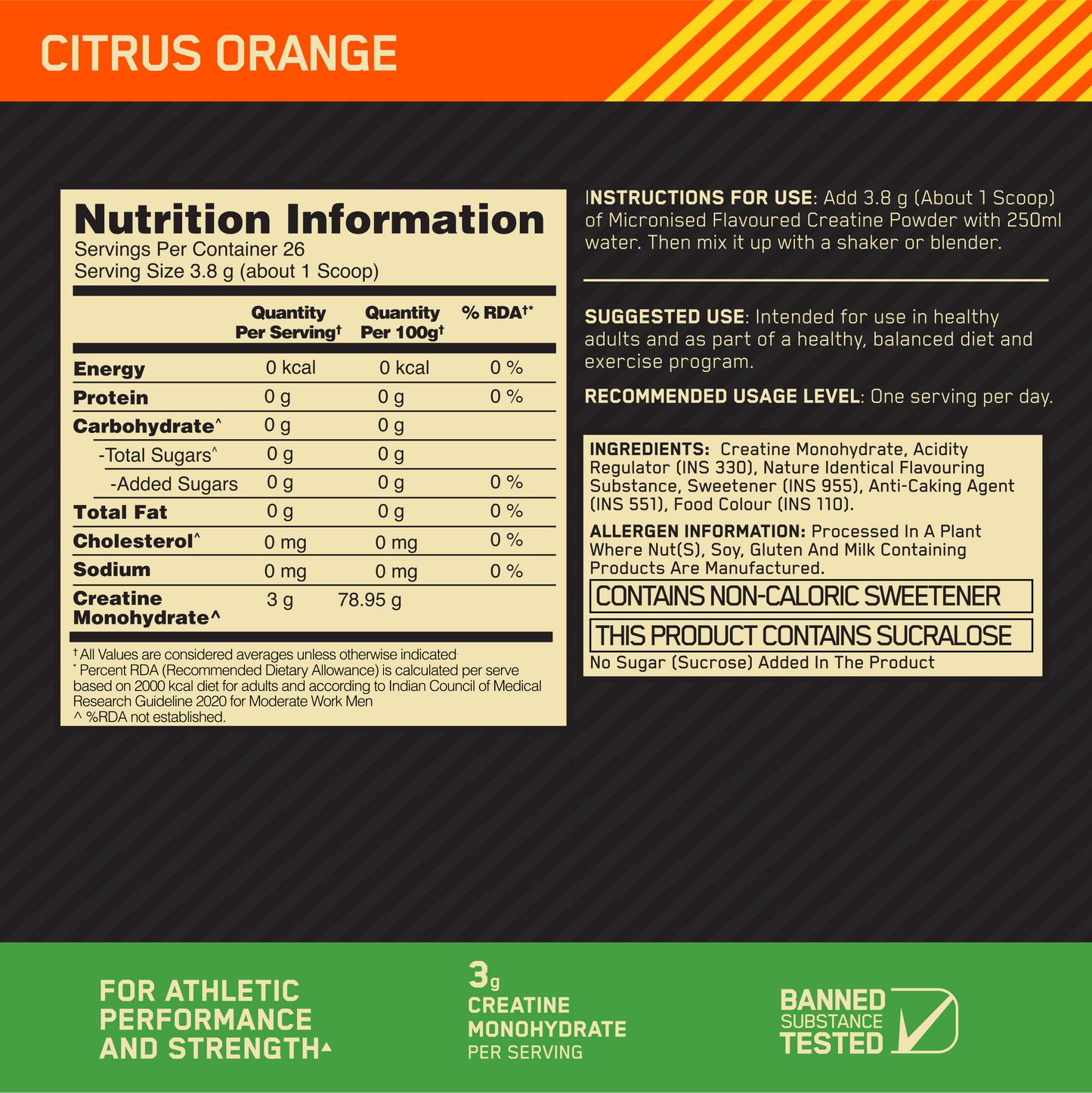 Optimum Nutrition (ON) Micronized Creatine Powder - 100g,  Citrus Orange