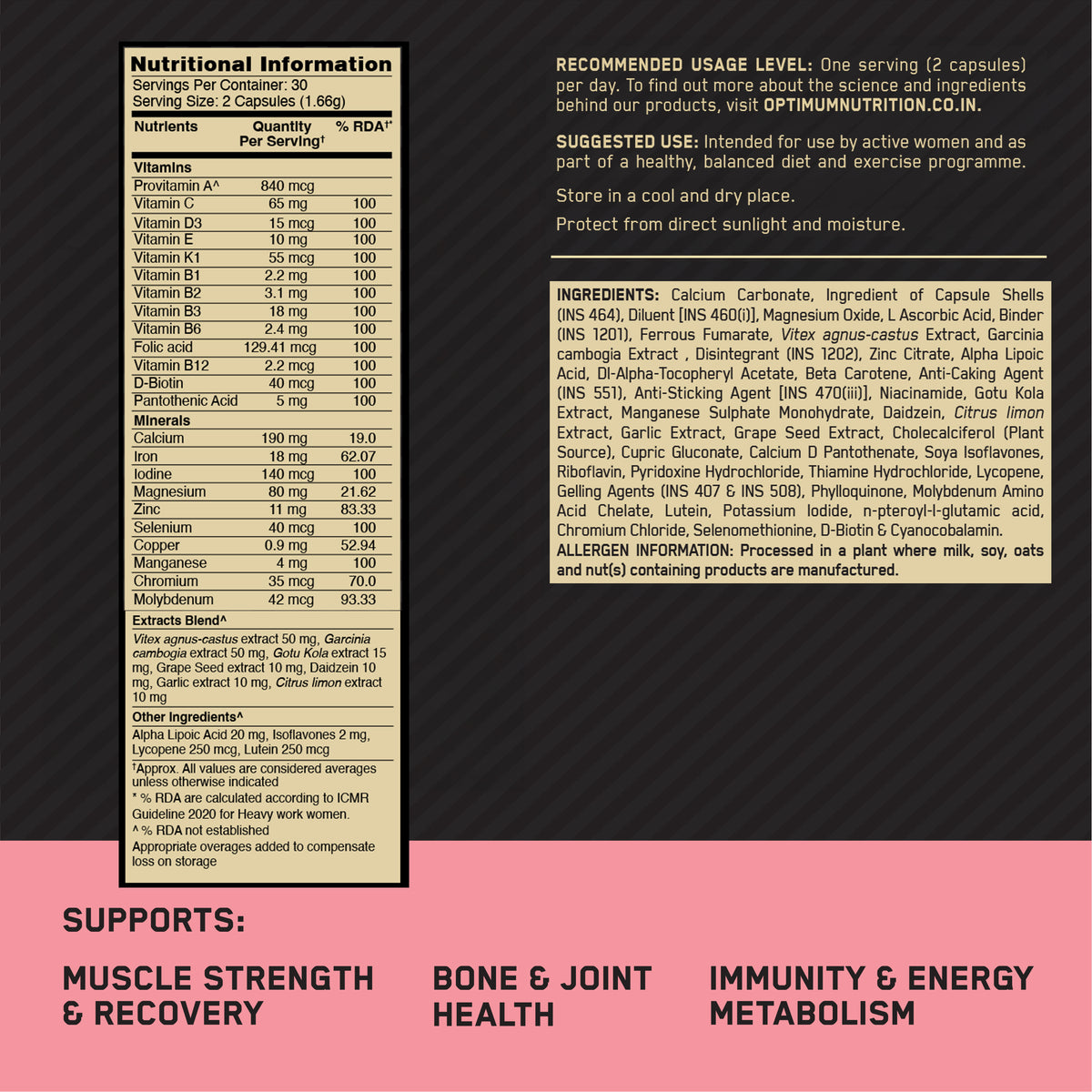 Optimum Nutrition (ON) Opti-Women - Multivitamin Plus For Women , 60 capsules
